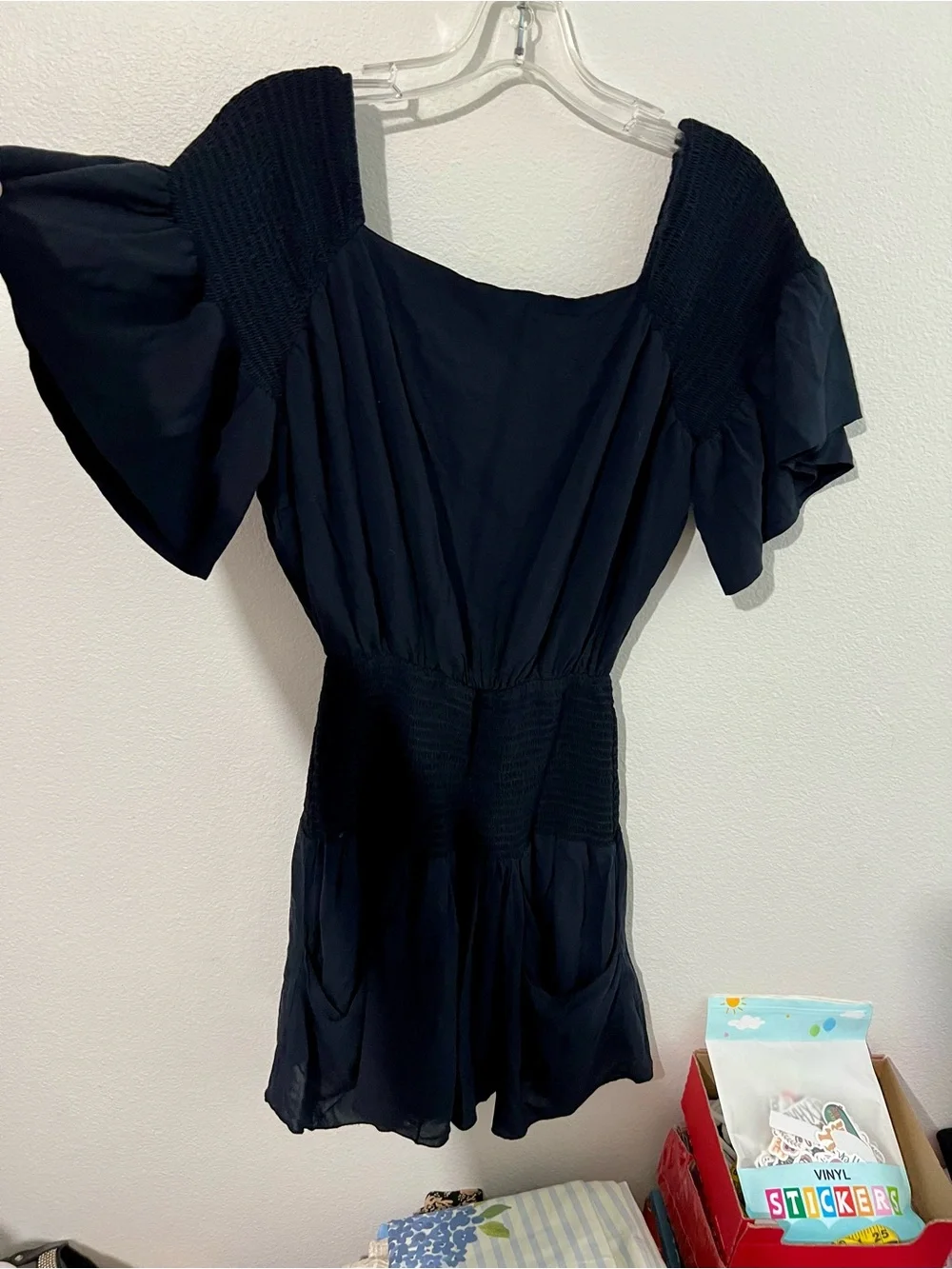 Free People Navy Blue Smocked-Waist Puff Sleeve Mini Dress
